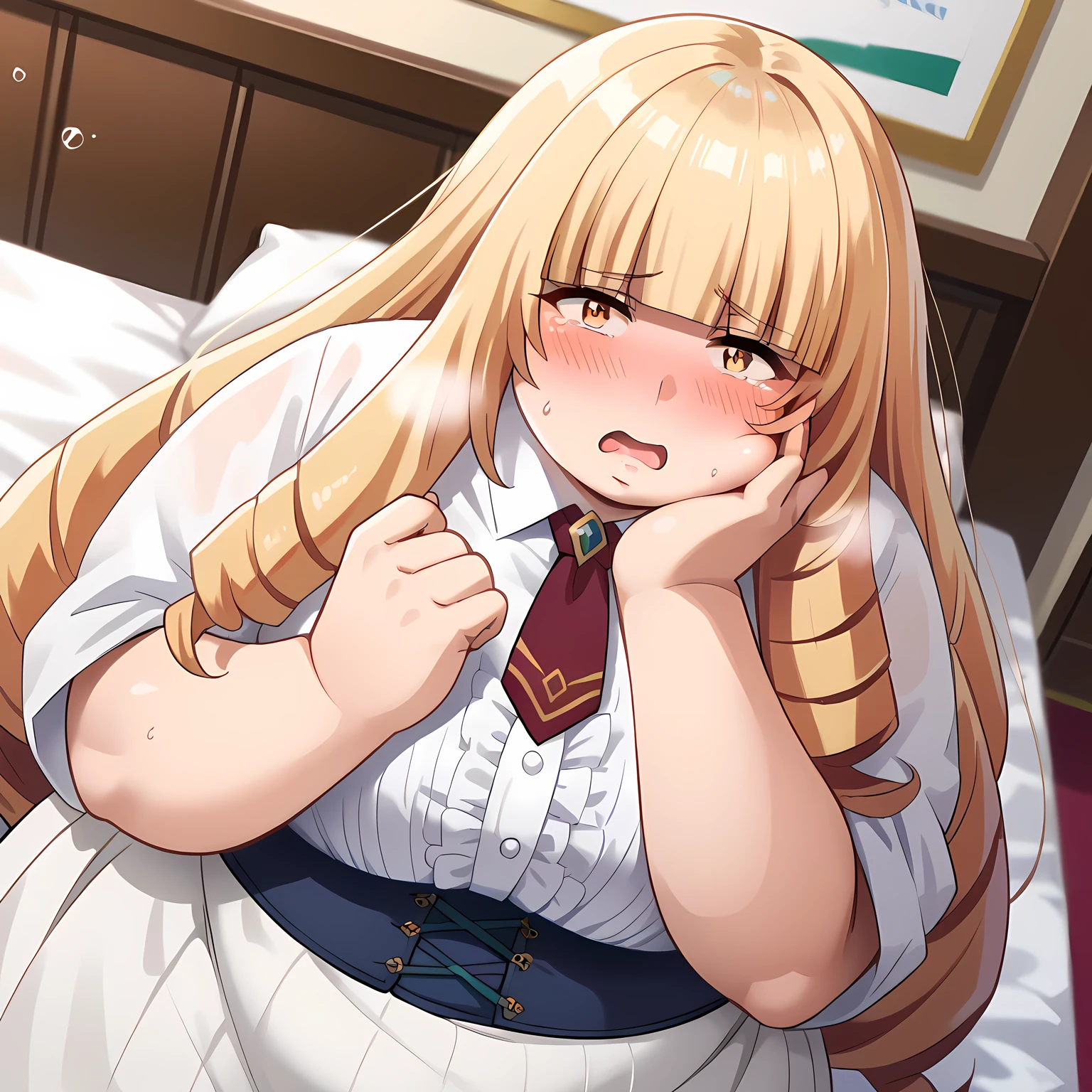 score_9, score_8_up, score_7_up, source_anime,
orianarose, oriana rose, long hair, blonde hair, yellow eyes, drill hair, bangs, blunt bangs, mature female,
skirt, jacket, necktie, white skirt, corset,
indoors, bed, bed room, on side, blush, drunk, white panties,
looking at viewer, dutch angle, swollen face, fat, chubby, obese, open mouth, out of breath, absurdres,  confused, blush,  {flustered}, nervous sweating, portrait, pov hands, hand on another's cheek, averting eyes, [looking away], straight-on, from above,  upper body, masterpiece, best quality, ultra-detailed, high resolution, 8K, absurdres, highres icon,