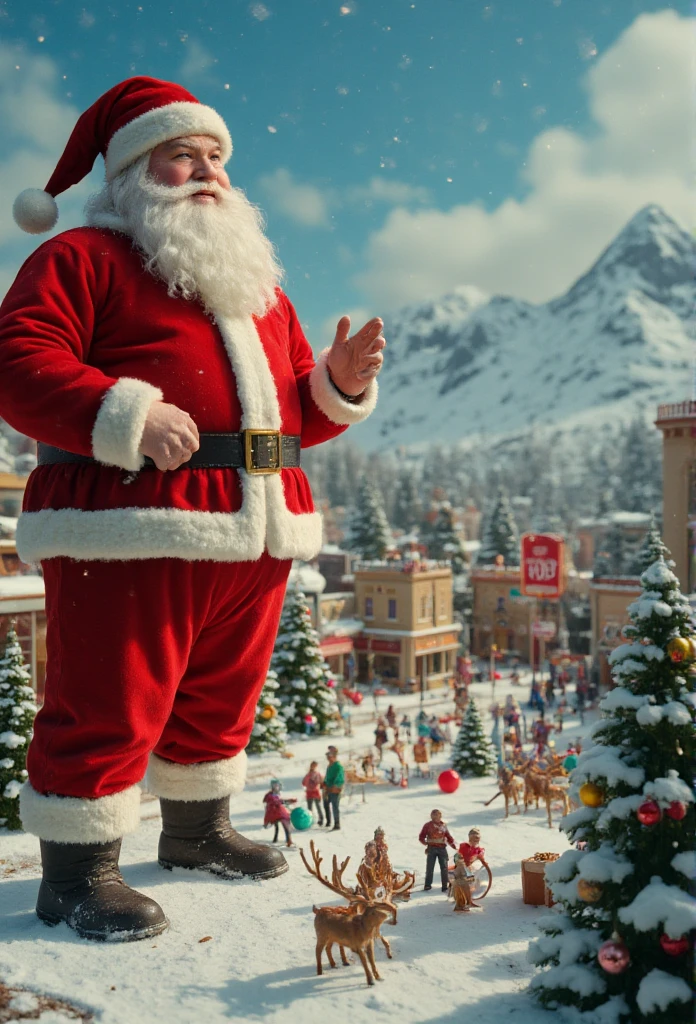 There are giant Cool Santas in the miniature world、 Cute Christmas Scene 、Miniature Reindeer 、 cute rolling ornament colorful ball、 Pop Music、 fairy tale、Delicious Biscuit Town 、 Snow Is Sparkling 、Big Signs Speak 、 happy surreal scene creating a fun vibe