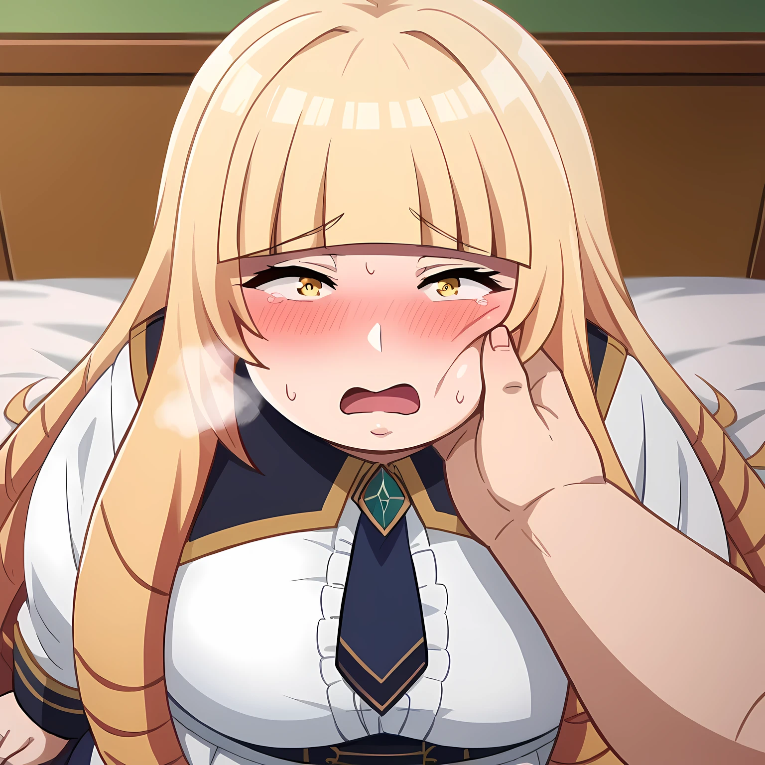 score_9, score_8_up, score_7_up, source_anime,
orianarose, oriana rose, long hair, blonde hair, yellow eyes, drill hair, bangs, blunt bangs, mature female,
skirt, jacket, necktie, white skirt, corset,
indoors, bed, bed room, on side, blush, drunk,
looking at viewer, dutch angle, swollen face, fat, chubby, obese, open mouth, out of breath, absurdres, confused, blush, {flustered}, nervous sweating, portrait, pov hands, hand on another's cheek, averting eyes, [looking away], straight-on, from above, upper body, masterpiece, best quality, ultra-detailed, high resolution, 8K, absurdres, highres icon,