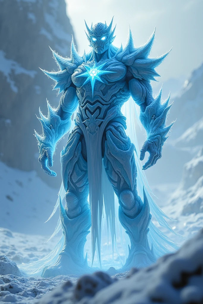 An adult boy with a skinny, muscular human body with the characteristics of a snow demon with sharp snow blades 
