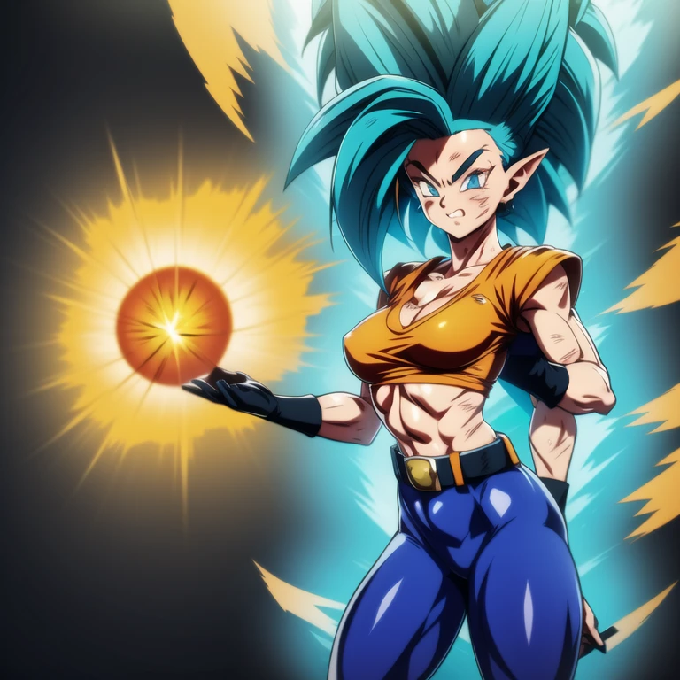 dbsuper style, 1
Girl, captain mizuki, green aura, super saiyan's aura, belt, pointed ears, elf ears, navy blue colored hair, huge hair, bruise, bruise on face, clenched hands, frown, gloves, blue eyes, grey gloves, evil grin, medium breasts, Aura around her, solo, high ponytail, mouth opened, furious, saiyan armor, armor,  powering up aura
, ((masterpiece)) 
