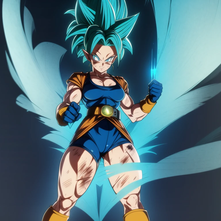 dbsuper style, 1
Girl, captain mizuki, green aura, super saiyan's aura, belt, pointed ears, elf ears, navy blue colored hair, huge hair, bruise, bruise on face, clenched hands, frown, gloves, blue eyes, grey gloves, evil grin, medium breasts, Aura around her, solo, high ponytail, mouth opened, furious, saiyan armor, armor,  powering up aura
, ((masterpiece)) 
