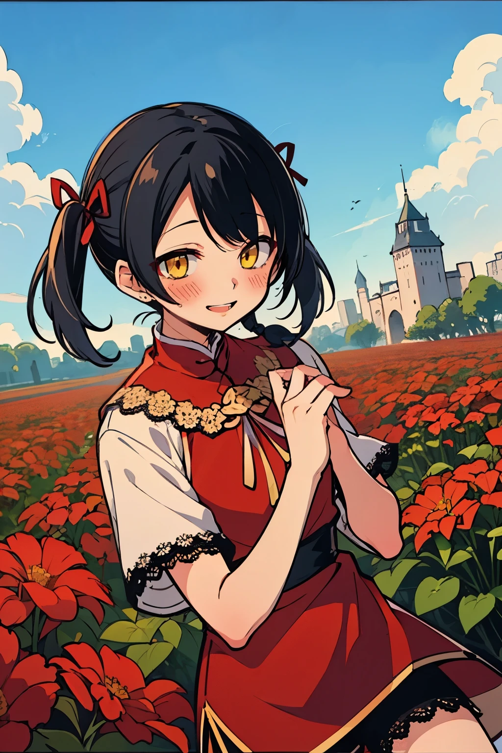 (masterpiece:1.2), (high quality, sd:1.2), girls with(((1girl, solo, hui xiyi, black hair, gold eyes, smiling, blush, short hair, low twintail:1.3), (((Dress, Lace dress, Ribbon, short pants))), background((shanghai, sky, blue sky, garden, flower, castle))