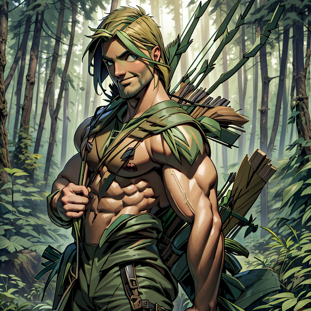 32k, high quality , detailed face , detailed fingers ,detailed muscles  stephen amell as green arrow , wearing dark green forest outfit   , having a dark blond short hair , a thick facial hair ,  nipples, a bulge ,hunk and handsome, shooting with his bow and arrow toward the ennemy , with the quiver on his back full of arrows , background  a lush forest and trees