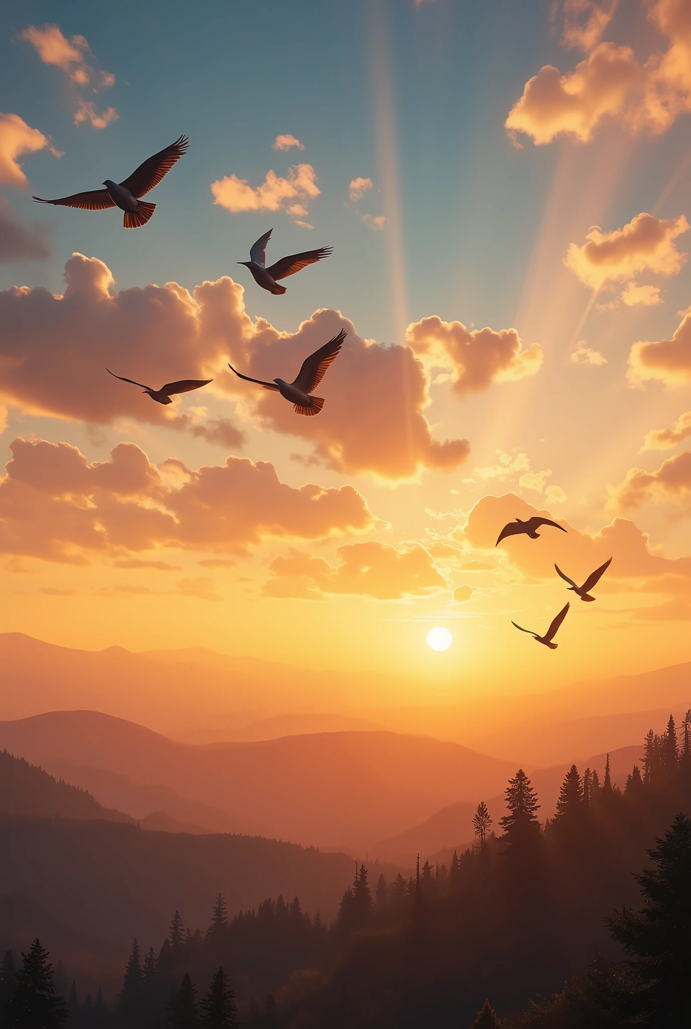 A breathtaking scene featuring the silhouette of a flock of flying birds soaring gracefully across the sky during a vivid sunset. The sky is a gradient of warm hues—deep orange, golden yellow, and soft pink—fading into a cool twilight blue at the horizon. Each bird is depicted in elegant detail, their wings spread wide in mid-flight, forming a dynamic composition that exudes freedom and movement. The silhouettes are sharp and distinct, contrasting beautifully against the glowing backdrop. In the distance, faint outlines of rolling hills and treetops add depth, while subtle rays of sunlight stream through scattered clouds, creating a serene and awe-inspiring atmosphere,