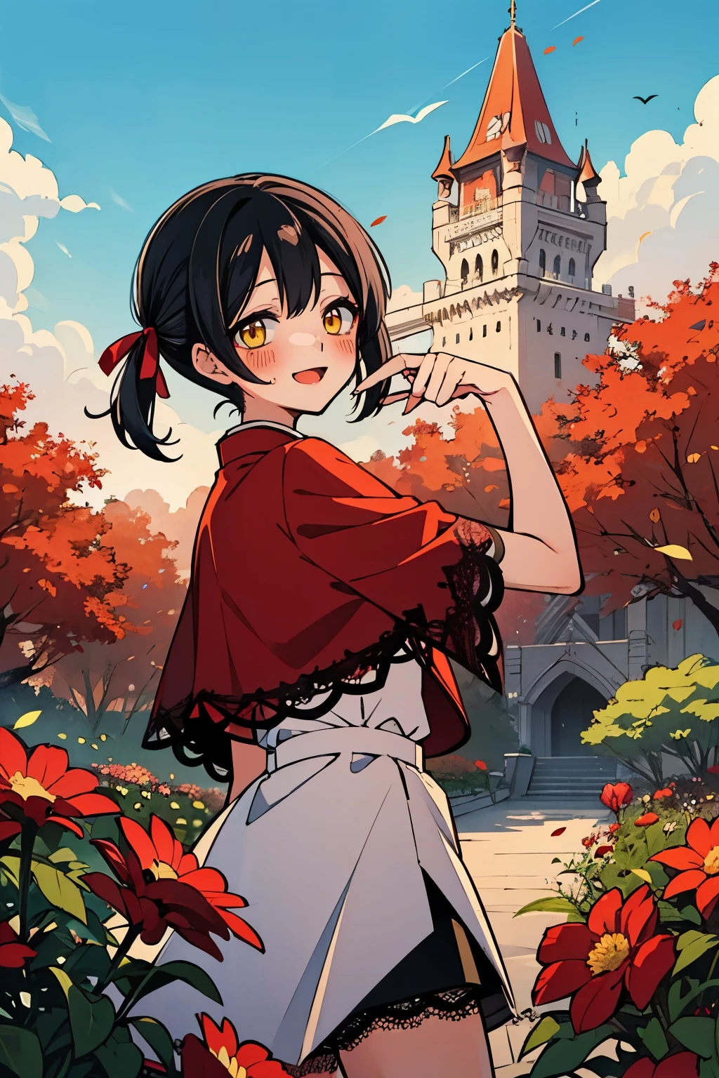 (masterpiece:1.2), (high quality, sd:1.2), girls with(((1girl, solo, hui xiyi, black hair, gold eyes, smiling, blush, short hair, low twintail:1.3), (((Dress, Lace dress, Ribbon, short pants))) standing, background((shanghai, sky, blue sky, garden, flower, castle))