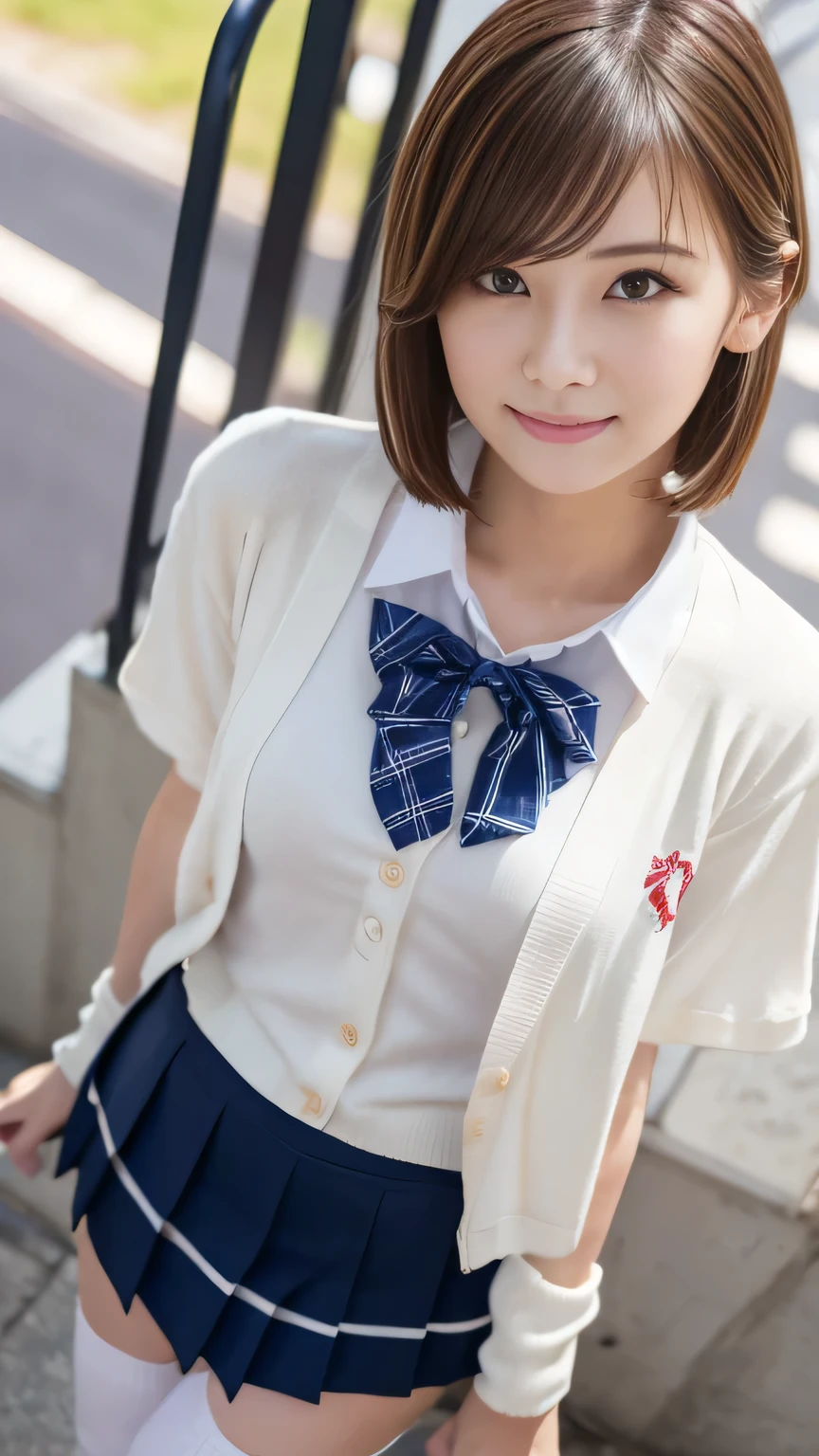 ((top-quality、8K、​masterpiece:1.3))、masutepiece, Best Quality, japanaese girl,1girl in, 8K, Raw photo, full body Esbian、Neat and clean schoolgirl、(Schoolgirl Uniform、Red ribbon at collar.、School Uniform Blazer、Dark blue pleated skirt)、Outside the field、(Slimed)、Photorealsitic、detaileds, Skin Texture, ultra-detailliert、Delicate and sexy collarbone、Super Detailed Face、Detailed lips、A detailed eye、二重まぶた、tiny chest、Smaller chest、small tit、Small、flat breast、Chest emphasis、((Very distressed look、Very embarrassed look、Lift the hem of the skirt yourself,、((white shorts)),Please show your white panties to the camera、Gentle mouth、