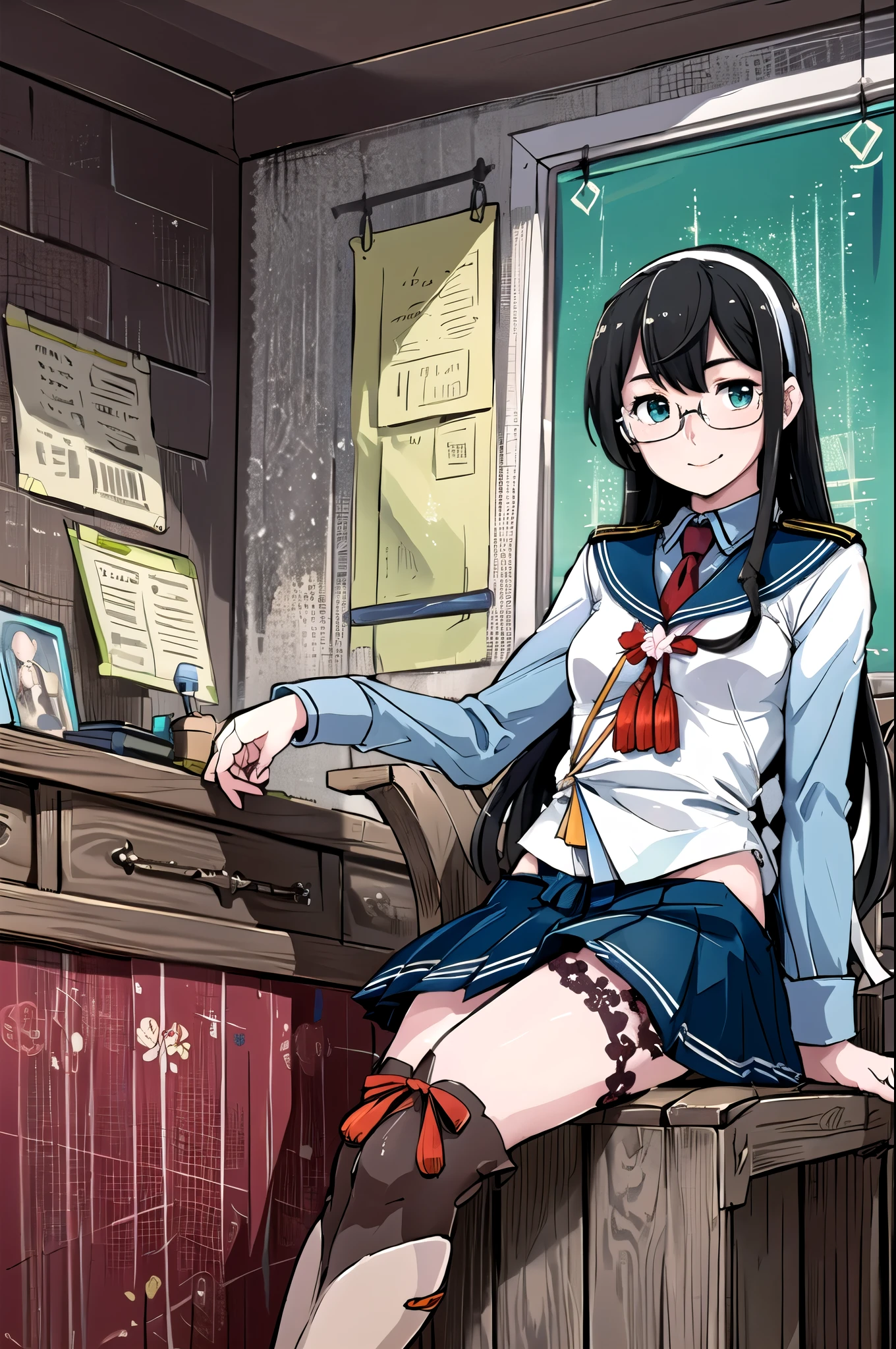 (  Masterpiece ), ( best quality), ( ultra detail),  Photorealistic , ( best illustration), ( very delicate and beautiful),  1 girl , Alone, Oyodo \( seat \),  whole body,  blue skirt, Seraph, blue sailor collar,  red tie , short over  Long Sleeve ,  Long Sleeve , ( red ribbon :0.9), ( red ribbon ), Floral ornament,  half rimless glasses ,  long hair,  black hair,  white hair band, ((white ribbon)),  hip vent, Thigh boots, ribbon-trimmed legwear, ( Lace Trim Legwear ), Red cord, sitting in an easy chair, Decorative armchair, Detailed interior office (the above:0.8), smile