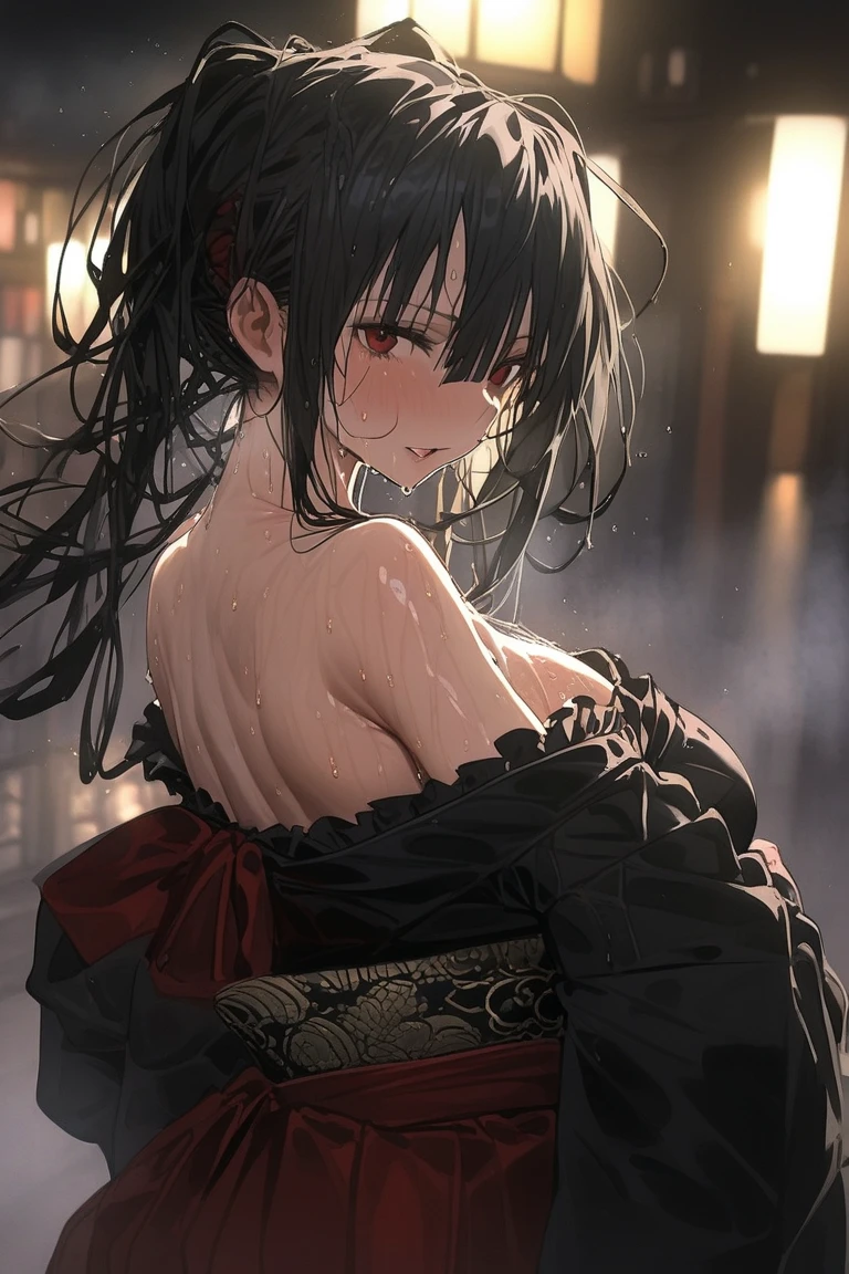 Kurumi Tokisaki,  cabello negro , Sharp bangs between the eyes,  traditional black imperial clothing with gold details, red skirt,  black thigh-high socks .  Side view ,  full body,  crouched on the street of a Japanese city , por la noche,  with a full moon in the background , light reflecting on the sexy and sweaty body. (((sweat)))