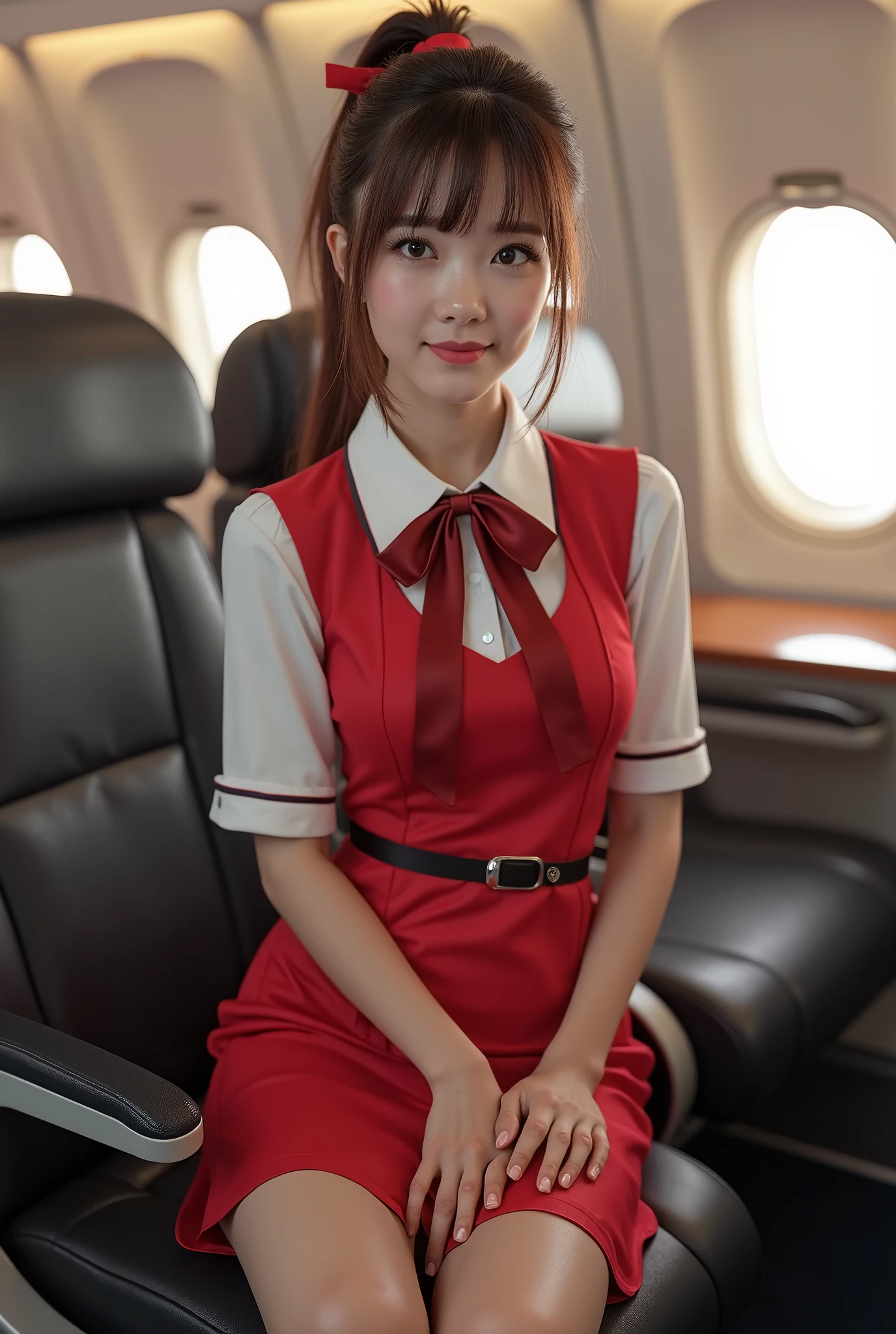 1womanl、(ultra beautiful faces:1.5)、Japan flight attendants、Clear pubic contours，spreads her legs、(Cabin Attendant Uniform)、Brown hair、Red lace panties、Passenger seat on airplane、At SFW