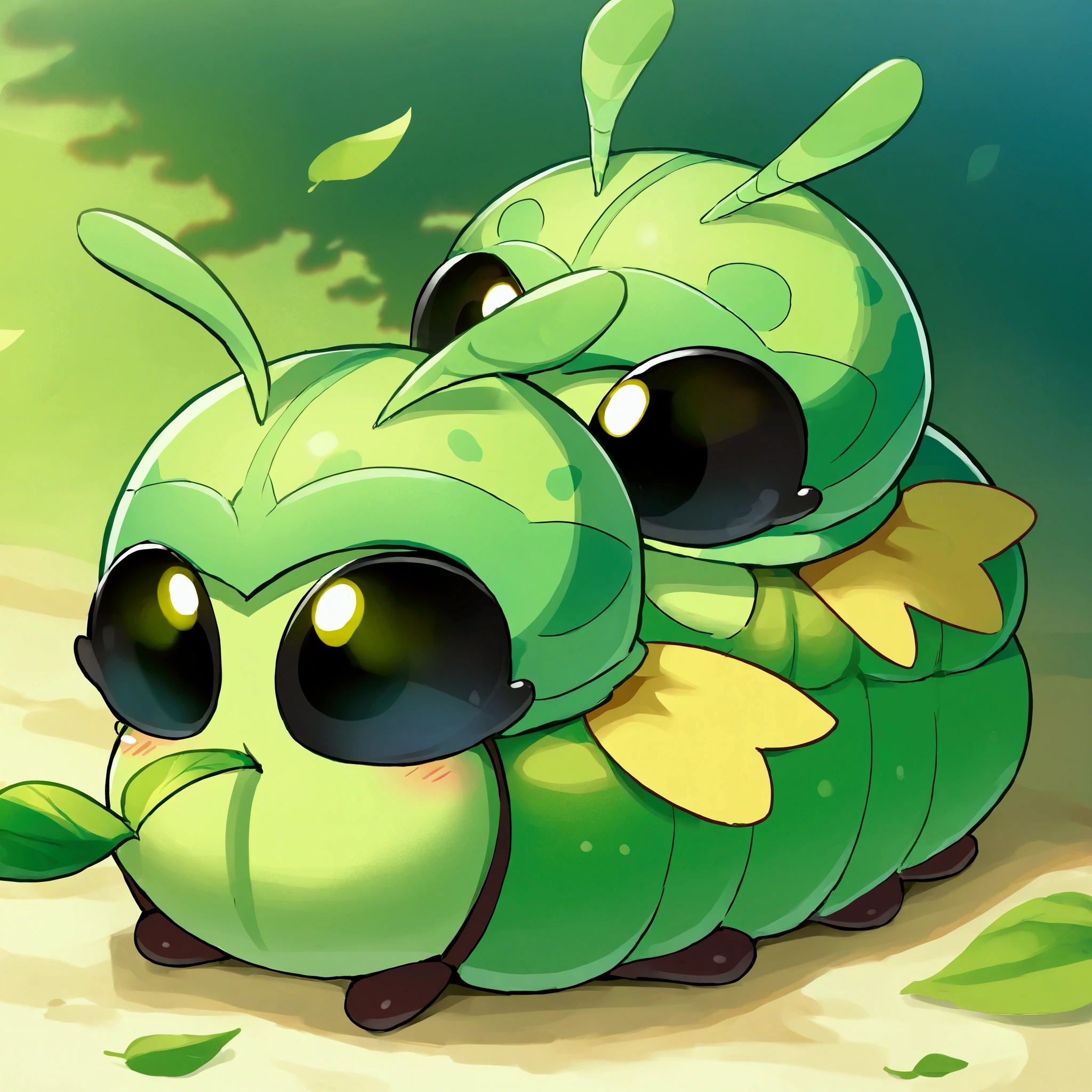 A cute caterpillar ( cute woman, bug bikini, age 20, bug eye helmet, has a mouth full of leaf and is adorably looking to the sky in panic, she is in a bird silhouette on a leaf she is eating, sunny day