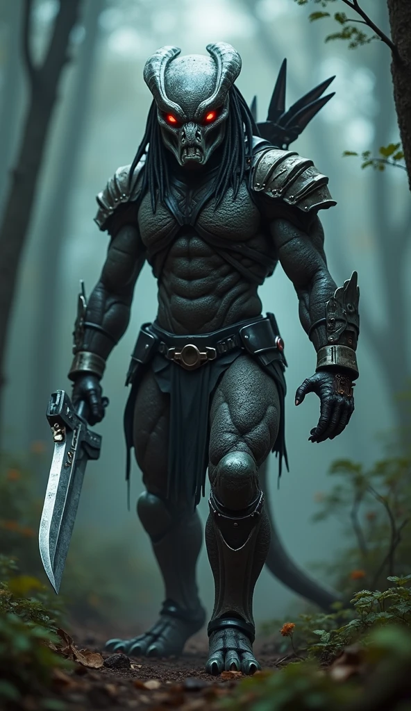 Horror-themed movies,Ultra HD、Amazing image quality,4k、darkジャングル、薄dark背景、Predator、Dirty silver iron mask、Muscular body、The skin is like scales、Equipped with iron claw weapon、Full Body Shot,Give the viewer a malicious look, Grabbing Viewer, For the viewer,Misty marshland background,Shallow depth of field, Vignette, Very detailed, High budget, Bokeh, CinemaScope, Sulky, amazing, nice, Film Grain, granular . Creepy, Anxious, dark, Creepyな, Suspenseful, strict, Very detailed