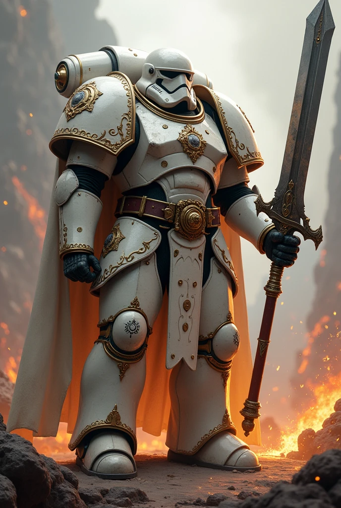 Create a badass white Templars chapter from Warhammer 40k with the insignia of the chapter master, carrying gigantic great sword on right hand