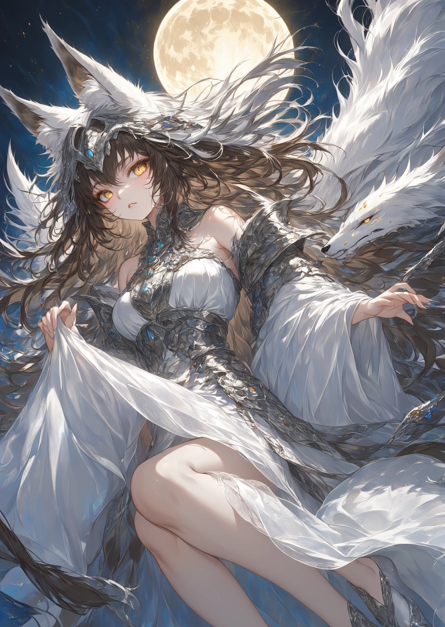 (masterpiece, best quality, detailed, intricate, limited palette, glowing), fantasy, fairytale, oil painting, luminous (solo), dynamic angle, woman, frilled dress, frills, (silver \(metal\) dress), (white mage robe), (edgWHM), full moon, moonlight, hat, gloves, stockings big pregnant belly.