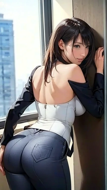 ((midynight, Need, 8K, tmasterpiece:1.3)), full bodyesbian, Long legs, Focalors:1.2, perfect figure beautiful woman:1.4, Slim abs:1.1, ((Dark brown hair, huge tit:1.2 )), (white tight t-shirt, standing on your feet:1.2), ((city night scene, the roof:1.3)), cleavage：2，black lence stockings：2，Highly detailed facial and skin texture, A detailed eye, 二重まぶた