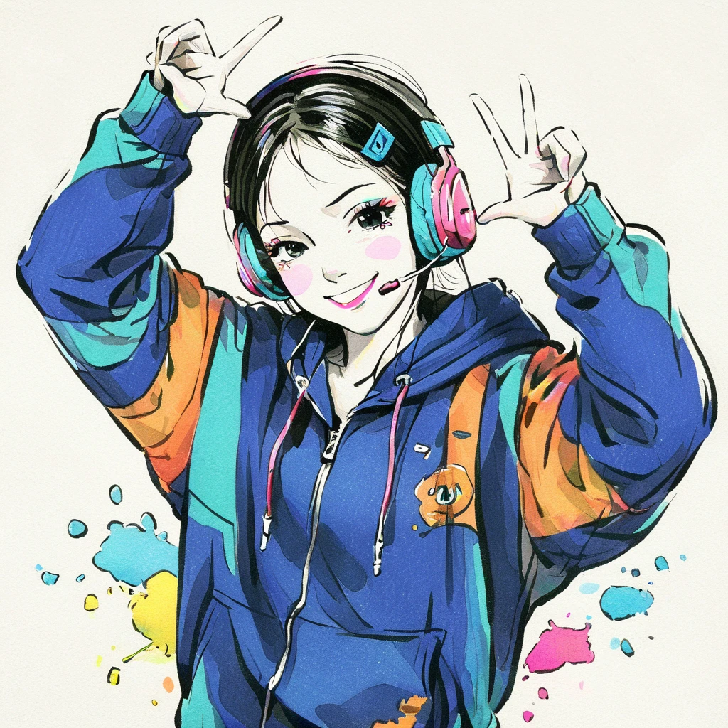 1girl, black eyes, wink, perfect face, hairclips, music headset, v pose, zip hoodie, sharp shadows, white background with watercolor splash of colors , beautiful rich colors, solid colors, masterpiece, best quality