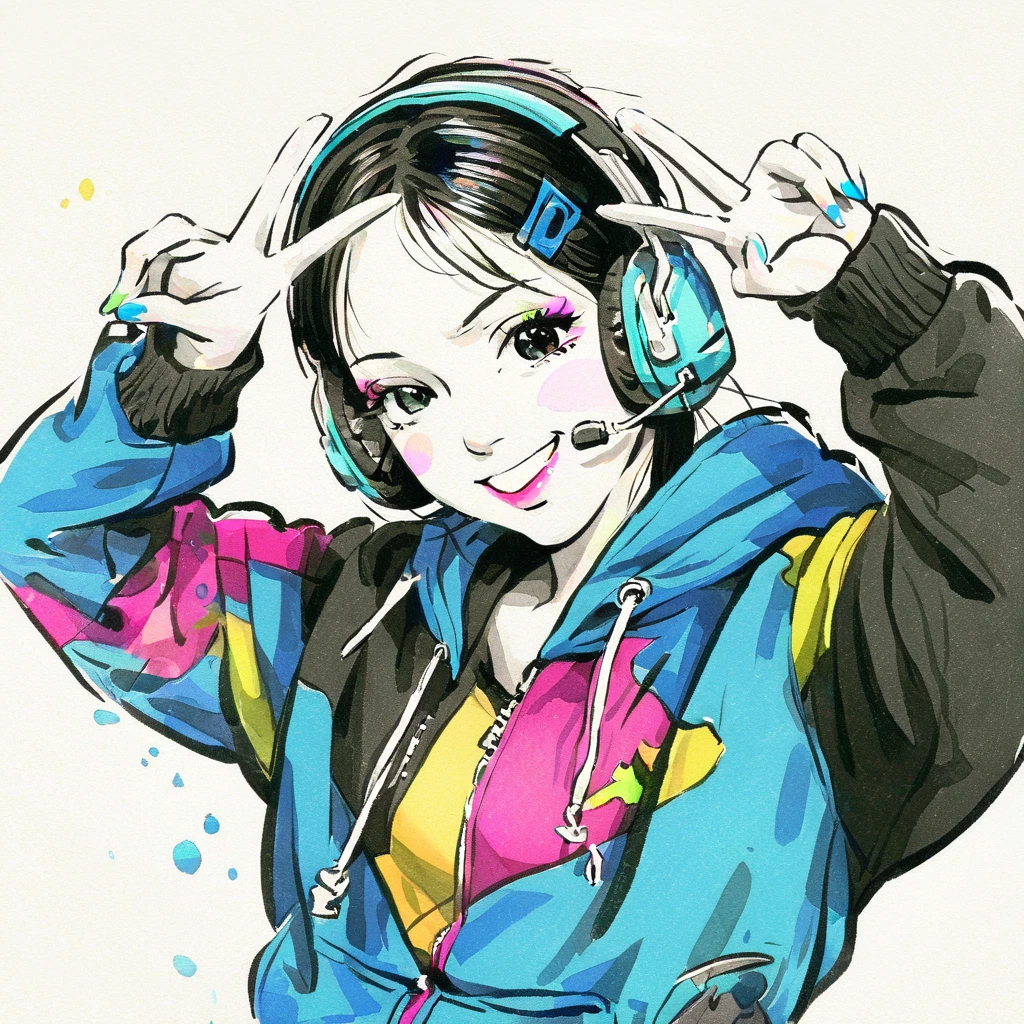 1girl, black eyes, wink, perfect face, hairclips, music headset, v pose, zip hoodie, sharp shadows, white background with watercolor splash of colors , beautiful rich colors, solid colors, masterpiece, best quality