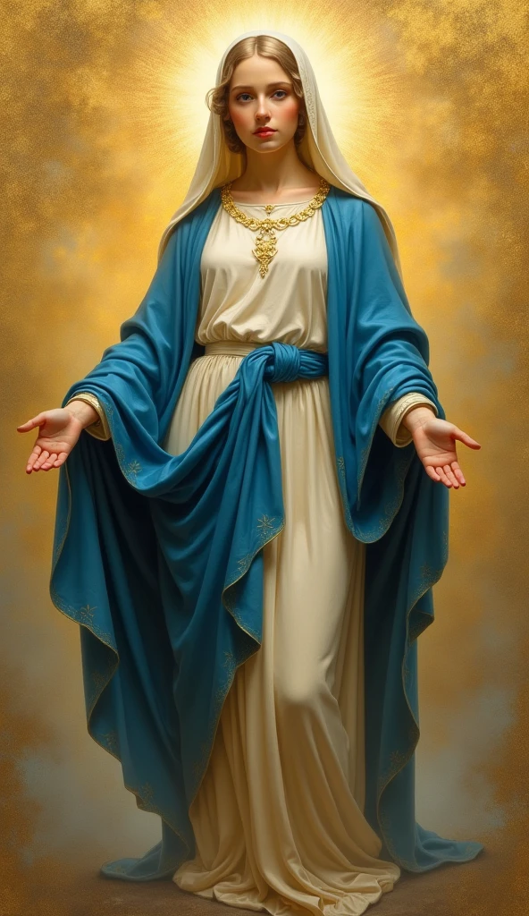 Sexy Virgin Mary, Reddish beige tunic, Blue cloak and veil, Halo, whole body