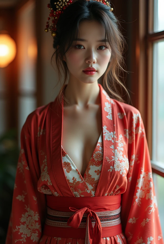 日本の着物のbeauty ベッドの上で官能的なポーズをとるリアルな女性, Detailed skin texture, Beautiful Faces, Long eyelashes, Glossy Lips, Delicate fingers, Elegant body shape, Luxurious silk bedding, Soft lighting, Structure of the film, Vibrant colors, Realistic, 8k, high quality　Asia，beauty，Hanfu