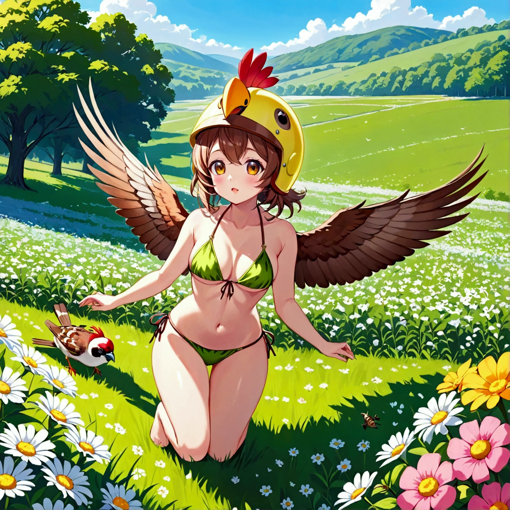 A cute woman (role of a sparrow bird wings, adorable helmet with big bird eyes and beak, bird bikini with tail feathers), she is flying over a field of flowers hunting big juicy bugs, daytime, her bird shadow is big
