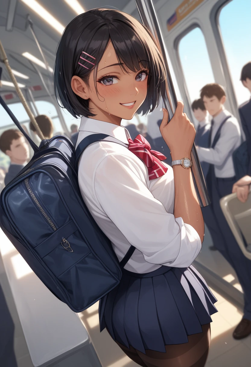 BREAK 1girl,huge butt,black hair,tan line,short hair,blush,smile,(sweat:1.4),School uniform,black short Leggings,After school, BREAK A crowded train,Evening,dynamic angle, BREAK detailed,score_9, score_8_up, score_7_up, score_6_up, score_5_up, score_4_up