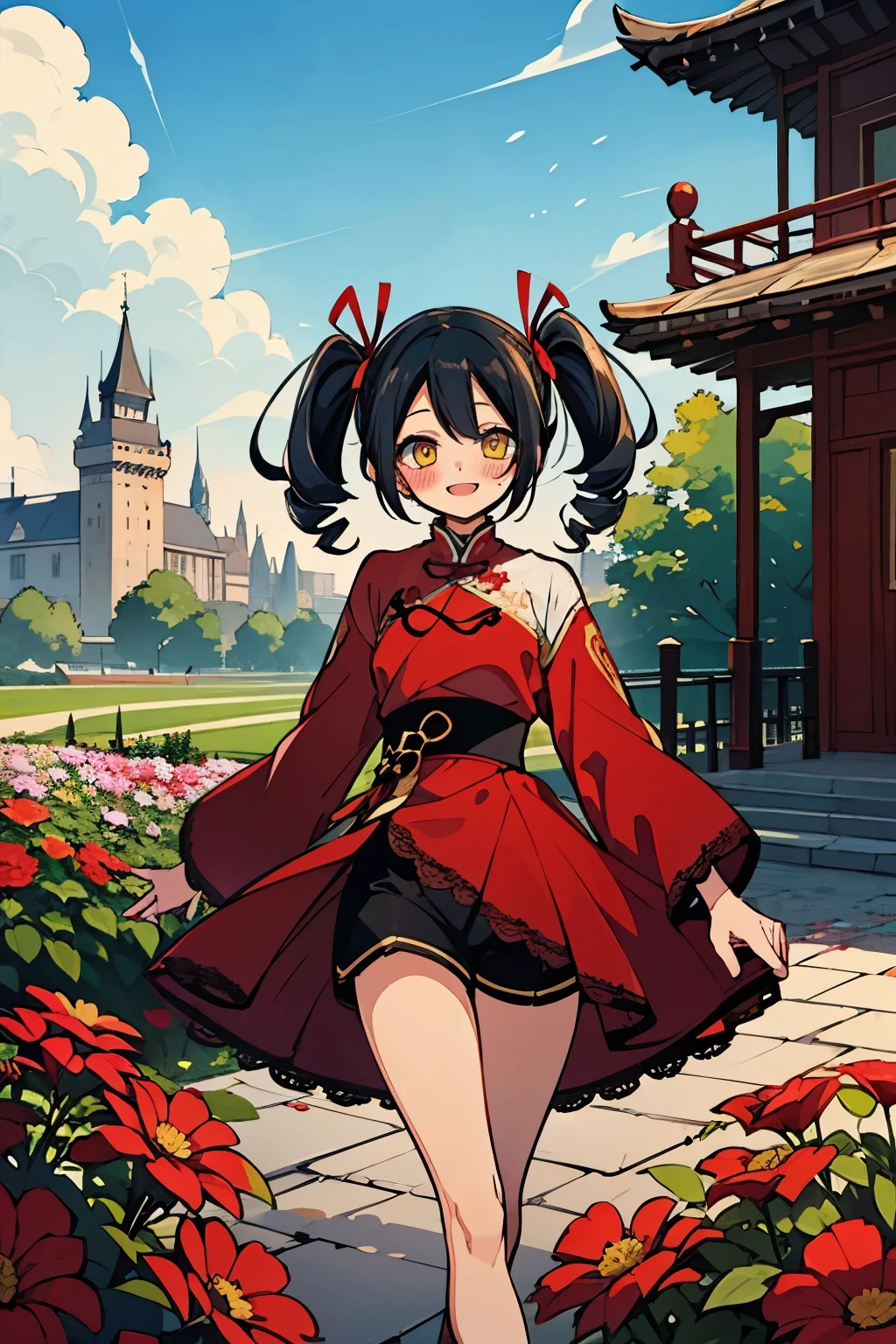 (masterpiece:1.2), (high quality, sd:1.2), girls with(((1girl, solo, hui xiyi, black hair, gold eyes, smiling, blush, short hair, drill twintail:1.3), (((Dress, Lace dress, Ribbon, long sleeves, short pants))) standing, background((shanghai, sky, blue sky, garden, flower, castle))