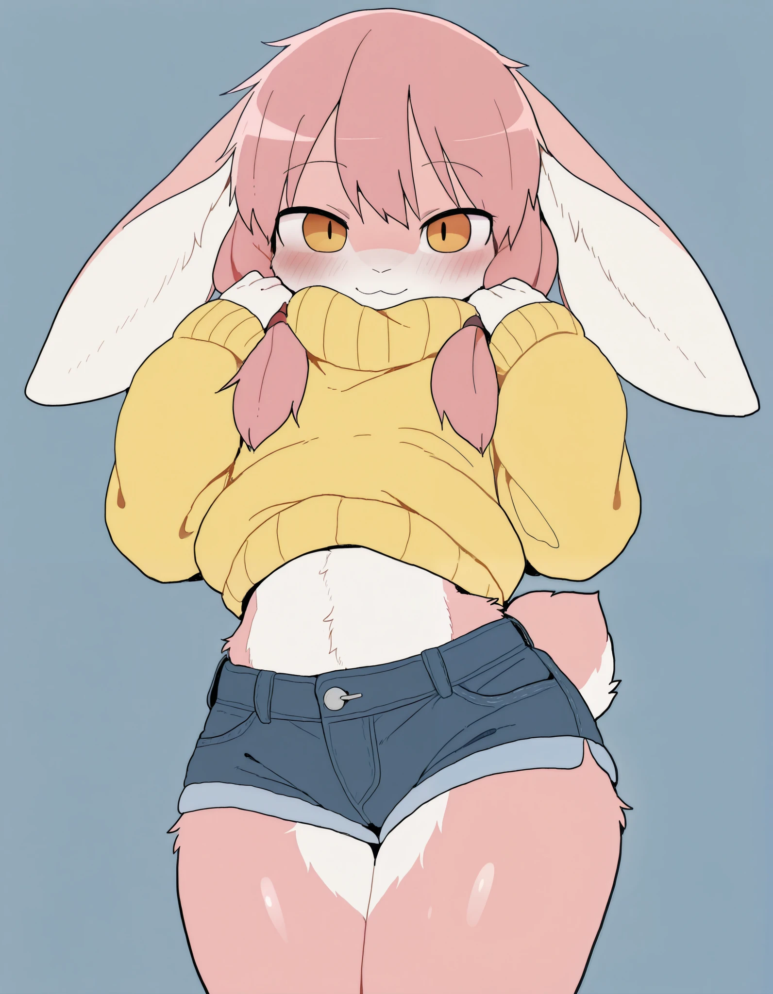 solo, dagasi_style, 1girl, furry female, furry, 1girl,, Very detailed illustration, (Anthropomorphic furry rabbit boy:1,7) , tousled voluminous hair, Playful look, Slim, ideal body, thin waist, wide hips, Simple drawing, Artifyber style, pastel flat colors, Cute, cartoon, sweater, short shorts