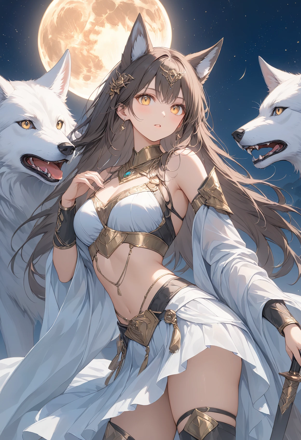 Masterpiece, high quality, high resolution, 16K, ultra detailed background, ultra realistic, digital painting, fantasy, half wolf girl, long eyelashes, sharp wolfish eyes, golden eyes like a wolf, beautiful skin, beautiful legs, dark brown hair like a mane, silvery white mesh, beast ears, silver tail, Hunting tribe style costume, metal armor on her hands that resembles claws, big moon, dark night, howling pose, dynamic angles, shoulder-baring clothes