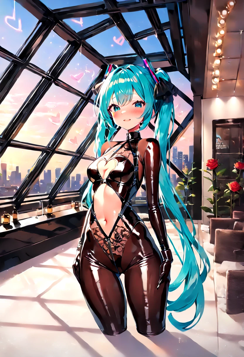 (hatsune miku:1.2), (blush:1.4), (gleaming skin, shiny skin:1.4), (rose lace body suit, sheer, tight, skin tight, heart-shaped cutout in navel:1.4), (body harness, tight:1.4), (luxurious penthouse, indoor rooftop bedroom:1.4), 