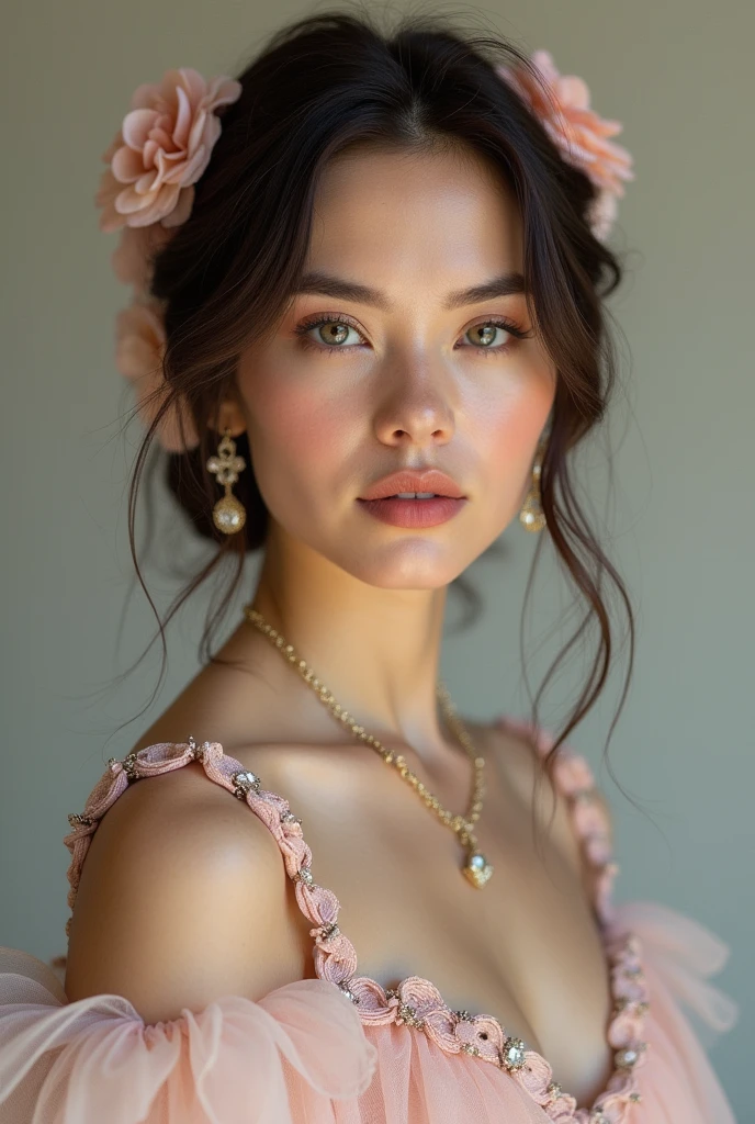 European woman model wearing pink knitted blouse with lots of small crochet flowers grouped together in delicate pink