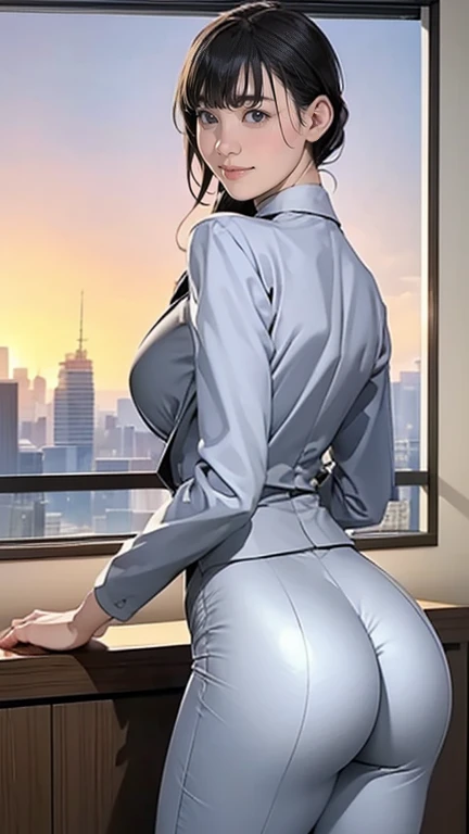 (  best quality, 8k, 32K,     Masterpiece  ,    Ultra High Definition :1.2),   One prankboy,   Cute Japanese  ,  Waistline, grey suit,   The Office Lady overlaps with the sunset , suit,    office room, I put my ass out,  Thick Ass , (   panty line,    off my shoulder ,    tight pants, skinny pants suit:1.3), ( Viewers, Looking Back,     detailed face   ,    double eyelids, smile)