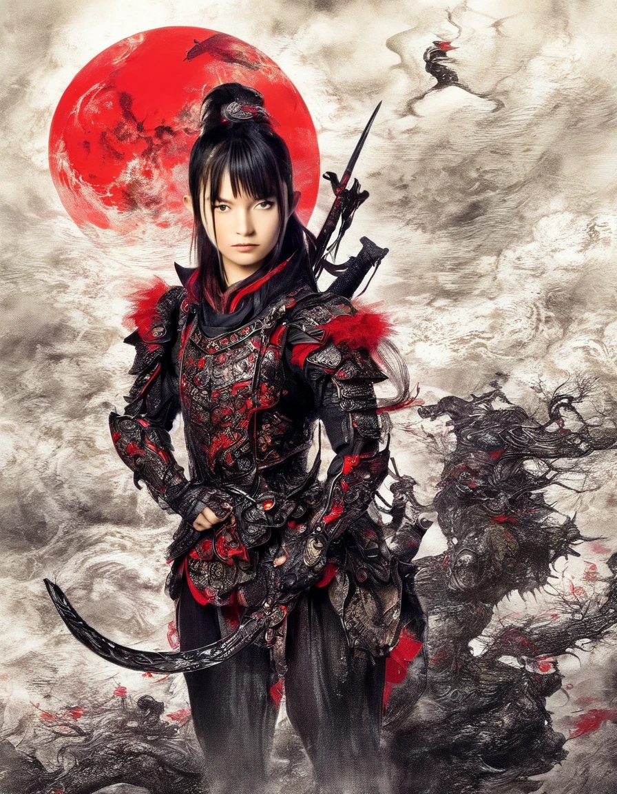 by amano yoshitaka , ( fantasy art), (Beautiful girl full body, suzuka nakamoto xl), Night grassland background, (Red Moon, black Japanese style armor , Red accent, White Fox)