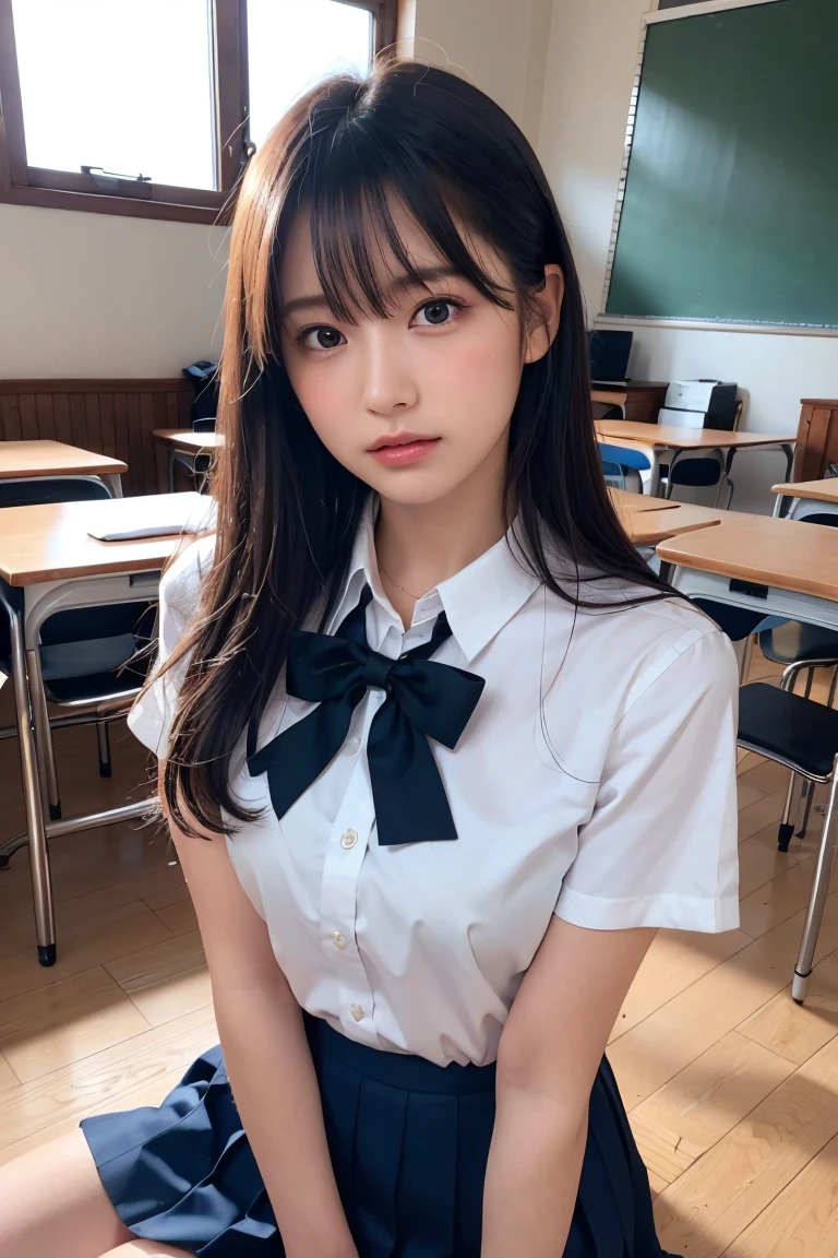 (1girl), Amazing face and eyes, (big round eyes:1.15), (extremely detailed beautiful face), (school uniform, pleated mini skirt:1.3), (school uniform with open breasts:1.2), (Best Quality:1.4), (Ultra-detailed), (Ultra realistic, photo-realistic:1.37), beautiful fair skin, extremely detailed CG unified 8k wallpaper, raw photos, professional photograpy, cinematic lighting, sitting, spread legs wide open, school, classroom, Staring at me, (Cute pink wallpaper), ((warm white lighting)), ephemeral and fragile, Adorable,