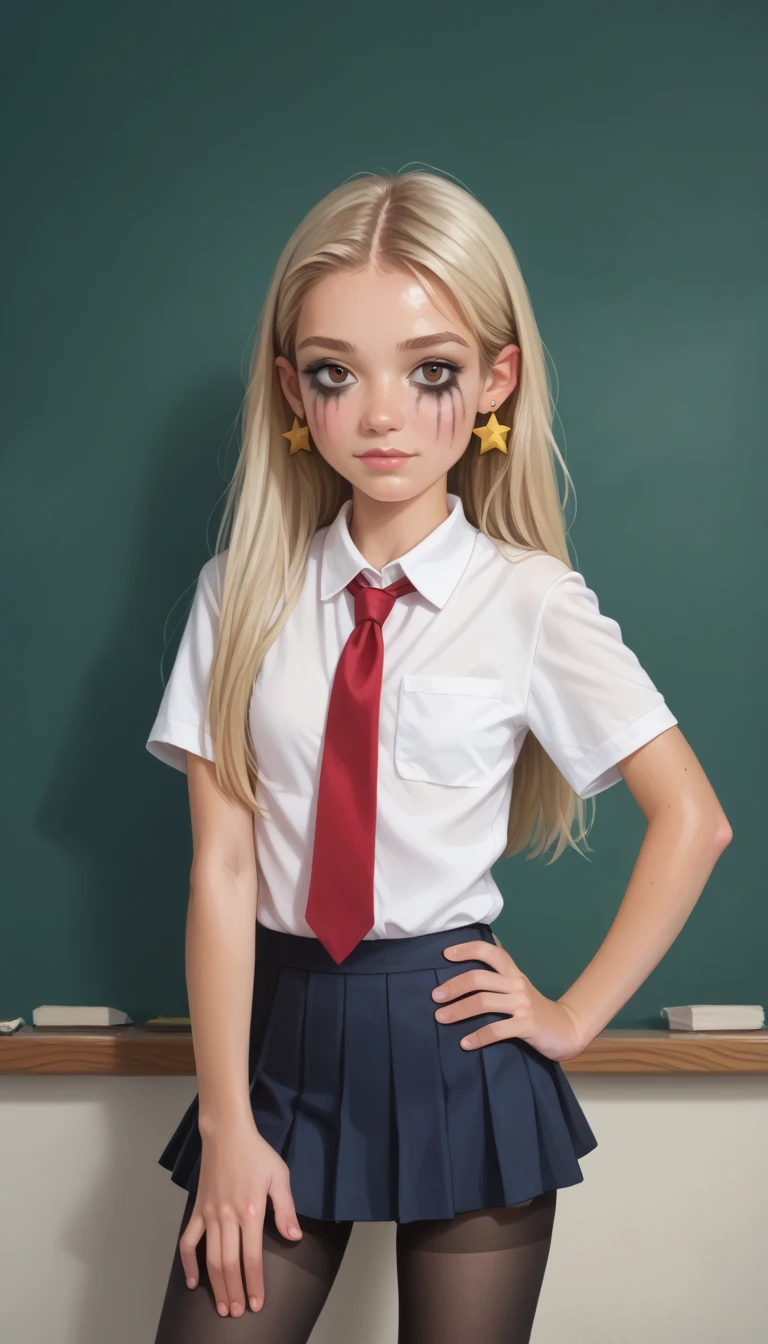 score_9, score_8_up, score_7_up,  better quality, masterpiece,realistic eye,  small breasts , 
2000s kogal style, ( young girl:1.3), ( tanned skin :1.3), (heavy makeup:1.2), ,  loose-fitting socks ,  bright blonde hair ,  straight long hair with bangs, big brown eyes,  well-groomed eyebrows ,  calm facial expression, looking at the camera,  star shaped gold earrings , ( shiny skin :1.3), Classroom Background,  poses, placing one hand on his hip, and a playful smile , black pantyhose, Mini-skirt,
