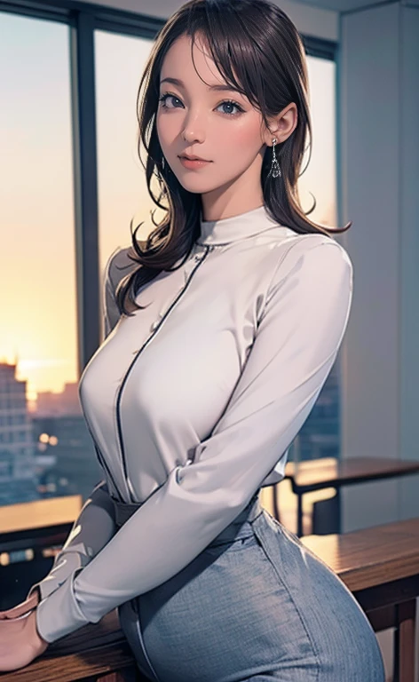Highest quality, Realistic, Very detailed, finely, High resolution, 8k wallpaper, 1. Beautiful woman, One Girl, Perfect lighting, Green Hair, Inner Color,Side lighting, Detailed face, bangs, White skin, Cityscape background seen from an office building,Trending Fashion