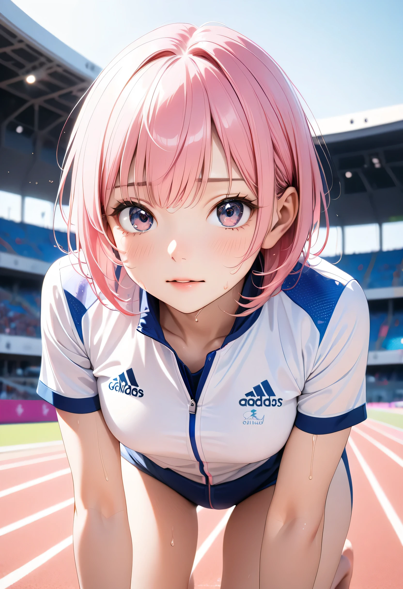 #Basics A girl is posing for a photo, (((One Girl))), (((Baby Face:1.4)) + ((cute:1.4)) + ((15 years old))),
break
#Clothing Accessories
(track and field athlete) + (Blue sneakers),
break
#Features
((Matte pink hair:1.2)), ((slicked back hair:1.5)), ((Pixie Cut Hair:1.5)),
((Droopy eyes:1.4, Big eyes:1.2), blue eyes), (Small breasts),
break
#background environment
((noon + Sunlit stadium, cumulonimbus + blue sky)),
#Facial Expression Pose
(smile + happy), ((Stand with your feet slightly apart + Relaxed standing + (hand in own hair))),
#composition
((Character Focus), (Angle from the front), (Cowboy Shot)),
break
#Body parts elements
(Slim figure),
(Symmetrical facial features),
(Detailed Hair, Beautiful Hair, Shiny Hair),
(double eyelid, Long eyelashes, Thin eyebrows:0.5),
(Expression of fine eyes, Beautiful and delicate eyes, Sparkling eyes, Eye Reflexes, Glitter Eyeliner),
(Human Ear),
(Beautiful Nose, Thin Nose),
(Glossy Lips, Beautiful Lips, Thick lips),
(Detailed skin, Textured skin, Beautiful Skin, Oily skin),
break
#Quality Image Quality Common
(((Highest quality)), ((masterpiece)), ((Very detailed))), ((Ultra-high resolution)), ((16K, 1080P)), ((Full HD)),
(Anatomically correct), (Realistic), (3DCG), (Oil painting),
((comics, anime)), (CG illustration), (RAW Photos),