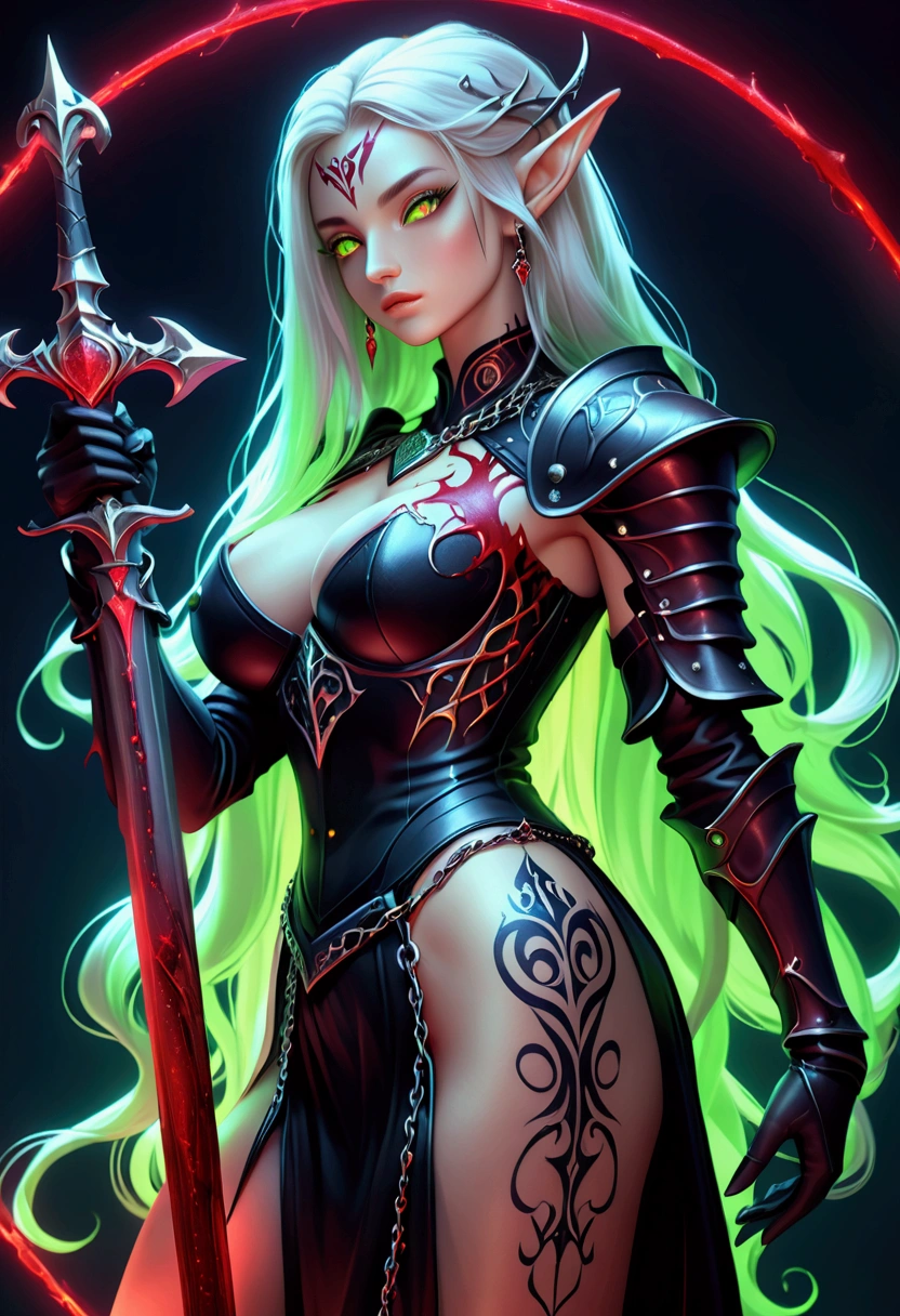 Create a hyper detailed photograph of a tattoos young sexy female berserker elven blood knight, Stunningly perfect gorgeous soft feminine face, perfect makeup, detailed vibrant Florent neon eyes, long hair, high detailed beautiful legs, high detailed beautiful arms, perfect sexy hour glass body figure, detailed smooth skin, gigantic breast, large round ass, sexy seductive transparent elven blood knight armor, chains Jewelry,
