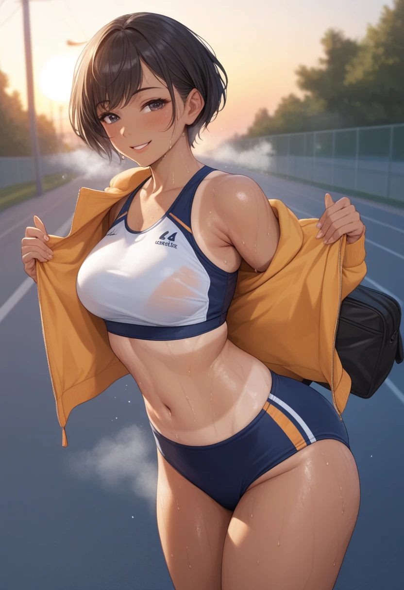 ((masterpiece)), (1 girl:2.0), (face extremely detailed, smiling), short haircut, brown hair, petite, (thin build), (a Japanese girl), ((Member of track and field team, long distance runner)), slightly round face, (tanned brown face:1.6), cute, big eyes, navy blue jersey with long sleeves, ((over-the-knee wear)), (muscular and thin thighs), (small breast)