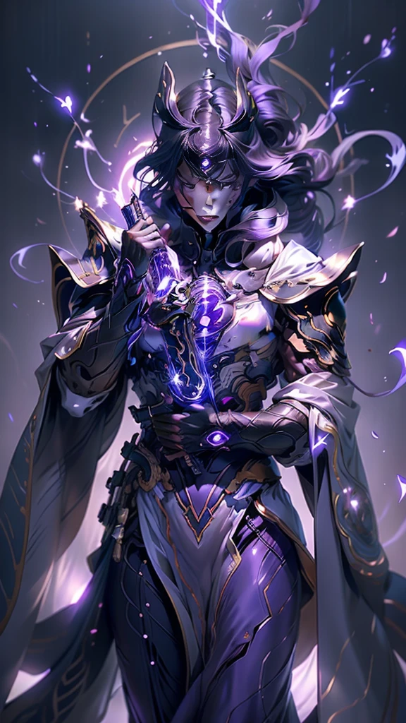  beautiful detail images ， depicting a magic sword ,  radiating magical energy .blade,  emitting a faint light on a shiny and soft , Purple light,  when reaching from one hand to the other 、 twisting ,  seductive , Purple flames 、 spinning in a mysterious trajectory .周囲の部屋はPurple lightに包まれている, 深いPurple light,  object .Macro Lens, Prime Time,  soft lighting、 purple hair、 white cloak、 voluminous cloak 、 Lightning General