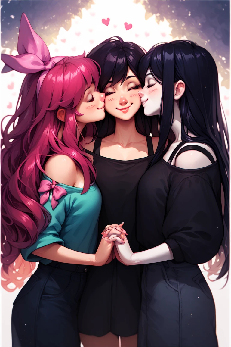 3 girls, long hair, smile, Pink ribbon in the hair , white skin , black shoulder straps, Oversized blue shirt , little, , Big Head, beautiful, 3 girls kissing, touching,  holding hands