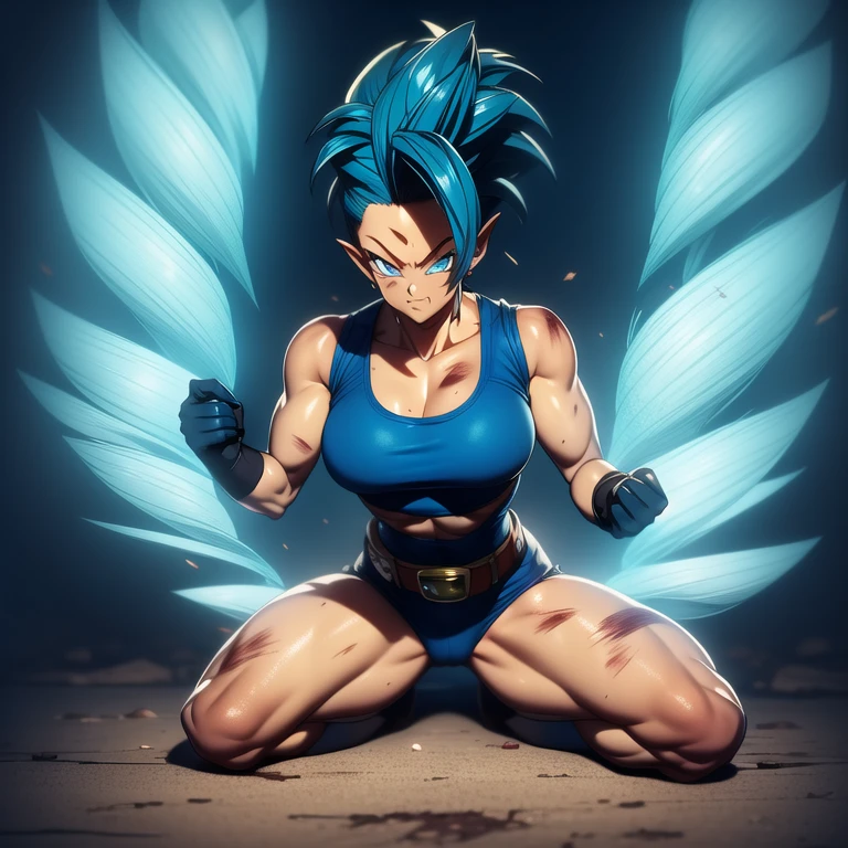 dbsuper style, 1
Girl, captain mizuki, green aura, super saiyan's aura, belt, pointed ears, elf ears, navy blue colored hair, huge hair, bruise, bruise on face, clenched hands, frown, gloves, blue eyes, grey gloves, evil grin, medium breasts, Aura around her, solo, high ponytail, mouth opened, furious, saiyan armor, armor,  powering up aura
, ((masterpiece)) 
