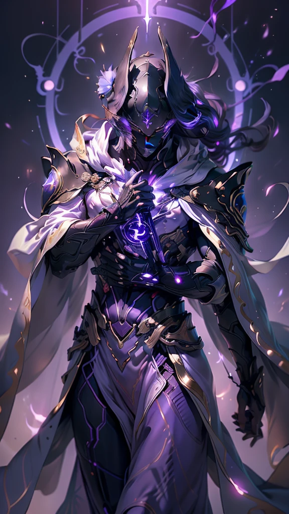  beautiful detail images ， depicting a magic sword ,  radiating magical energy .blade,  emitting a faint light on a shiny and soft , Purple light,  when reaching from one hand to the other 、 twisting ,  seductive , Purple flames 、 spinning in a mysterious trajectory .周囲の部屋はPurple lightに包まれている, 深いPurple light,  object .Macro Lens, Prime Time,  soft lighting、 purple hair、 white cloak、 voluminous cloak 、 Lightning General