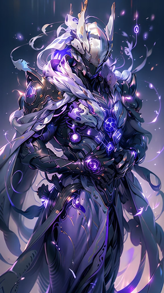  beautiful detail images ， depicting a magic sword ,  radiating magical energy .blade,  emitting a faint light on a shiny and soft , Purple light,  when reaching from one hand to the other 、 twisting ,  seductive , Purple flames 、 spinning in a mysterious trajectory .周囲の部屋はPurple lightに包まれている, 深いPurple light,  object .Macro Lens, Prime Time,  soft lighting、 purple hair、 white cloak、 voluminous cloak 、 Lightning General