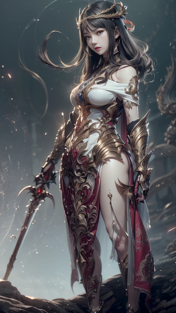 (RAW shooting:1.5, Photoreal:1.5, 8k, highest quality, masterpiece, ultra high resolution), medieval europe, world of magic and swords, perfect dynamic composition:1.2, Mysterious:1.3, Highly detailed skin and facial textures:1.3, cute and sexy slim female warrior, beautiful and aesthetic:1.1, cute and sexy beauty, perfect style, wear elaborate rings, Pose holding a long sword:1.3, fire, water, Wind, thunder, ice, Fair skin, very beautiful face, (Medium chest, Chest gap), (embarrassing smile, The expression on your face when you feel intense caress, Facial expression when feeling pleasure), (sexy gold metallic armor:1.1, off shoulder, Navel exposure), (beautiful blue eyes, Eyes that feel beautiful eros:0.8), (Too erotic:0.9, Bewitching:0.9), full body shot, Ancient castle in the background