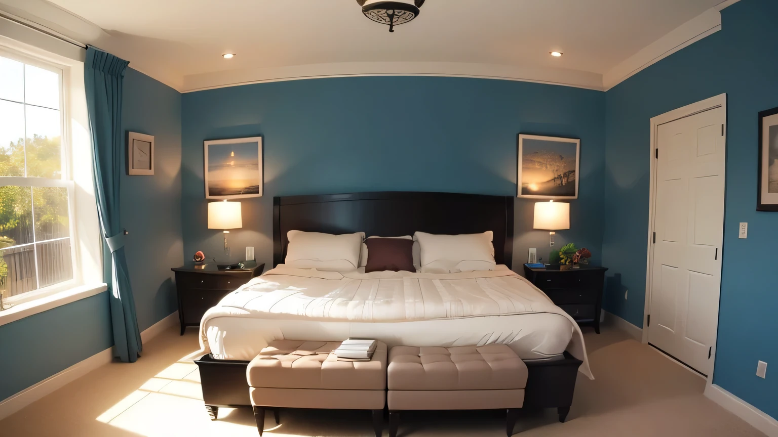Arafed bed with white sheets and pillows in a blue bedroom - SeaArt AI