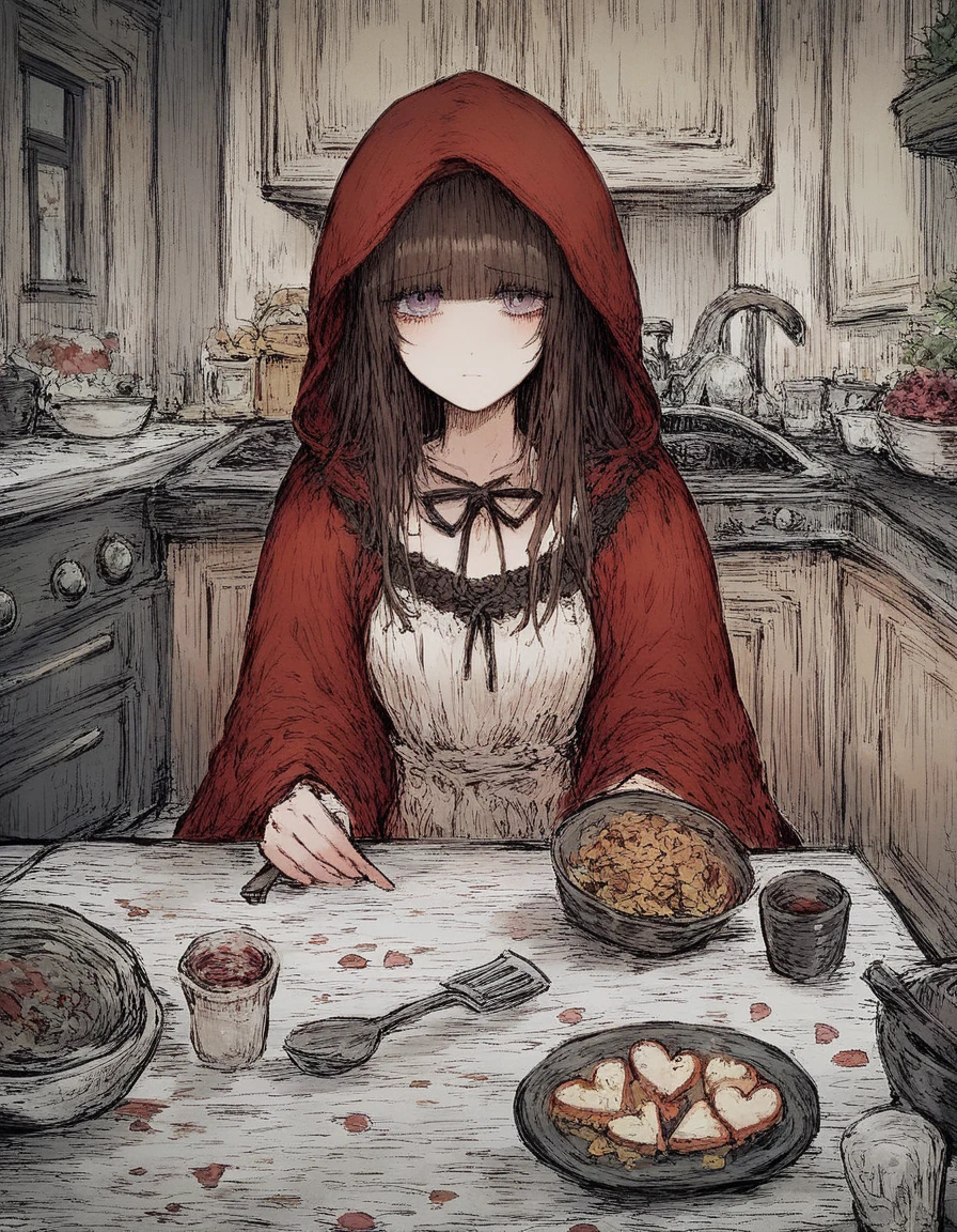 Black souls style,  red hood ,   Cinematic Lights,1 girl,  brown hair , long hair, violet eyes, love, heart, sad, hime cut, beautiful, adolescent,  medium breasts , kitchen, dining room, haddock,