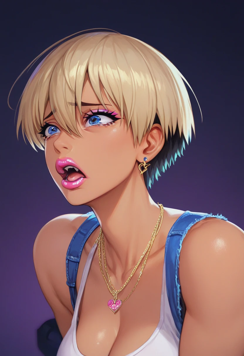 Hana Uzaki , pechos grandes,  short hair blonde Gyaru, Gyaru tan,  painted lips, very sexy clothing revealing ,Very depressed ,  sad,  scared ,  running away from someone , terrified,orders,  in a dark room