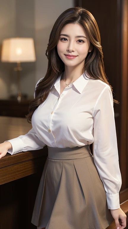 Full Body Shot，，40 years old，Mature Woman,detailedな目，Wrinkles around the eyes，A kind smile,,(masterpiece:1.3, Highest quality), 複雑なdetailed, Written boundary depth，detailed, (Elegant Good 1.２)、((Large Breasts:1.1))（White blouse with collar)，(Grey tight skirt)、8k,Highest quality, masterpiece, Ultra-high resolution,, (Updo)、Office desk、Internal Floor、Bright afternoon sunshine、A gentle smile、A gaze that seduces viewers、