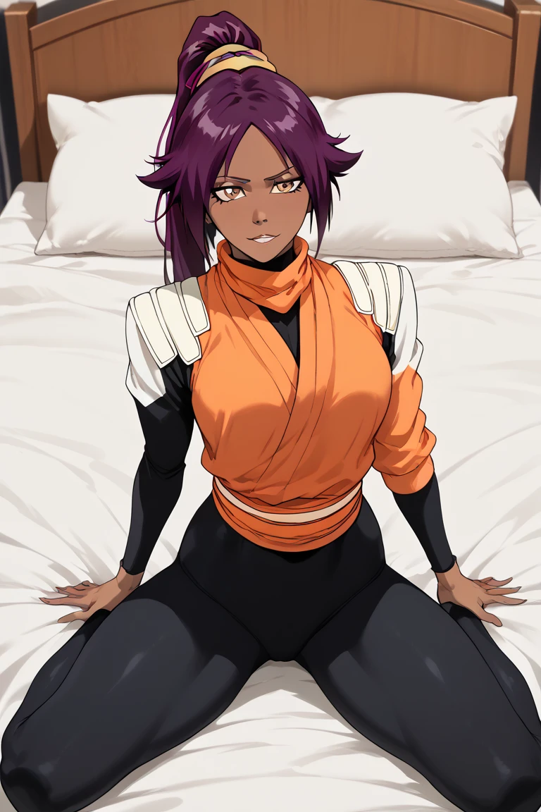  spandex White  body suit　 bed　 invited position 　 sexy　 showing private parts 　 open thighs　 　　zentai　M-shaped legs　yoruichi
   ecstatic expression　M-shaped legs　black leggings