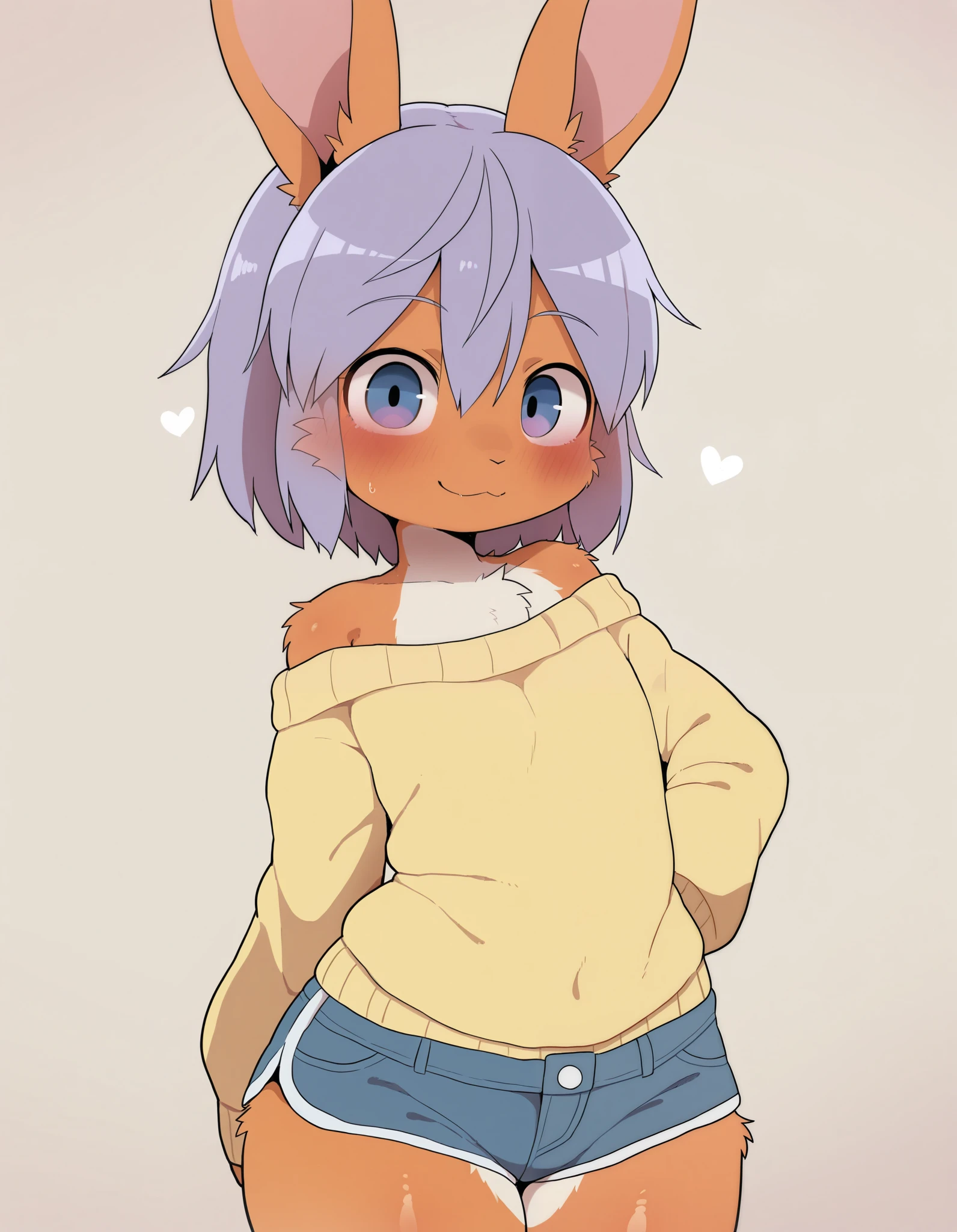 solo, dagasi_style, Dagashi_(Daga2626), 1girl, furry female, furry, 1girl,, Very detailed illustration, (Anthropomorphic furry rabbit boy:1,7) , tousled voluminous hair, Playful look, Slim, ideal body, thin waist, wide hips, Simple drawing, Artifyber style, pastel flat colors, Cute, cartoon, sweater, short shorts